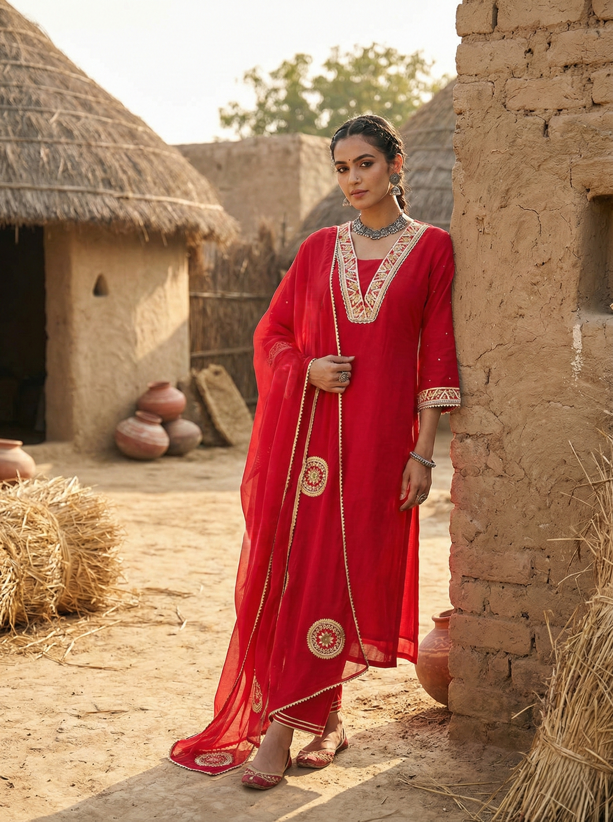 Red Pure Mul Chanderi Hand Gota Patti Work Suit Set