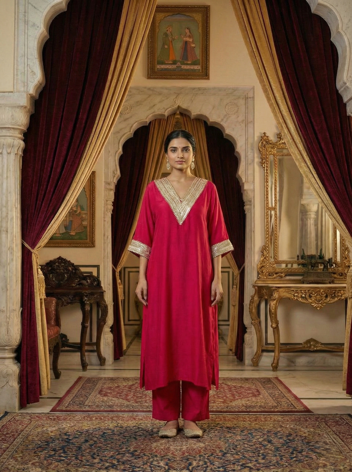 Cherry Red Solid Embroidered Kaftan Fit Co-ord Set