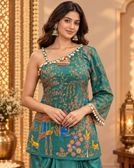 Sea Green One Shoulder Short Kurti with Draped Skirt Fusion Set