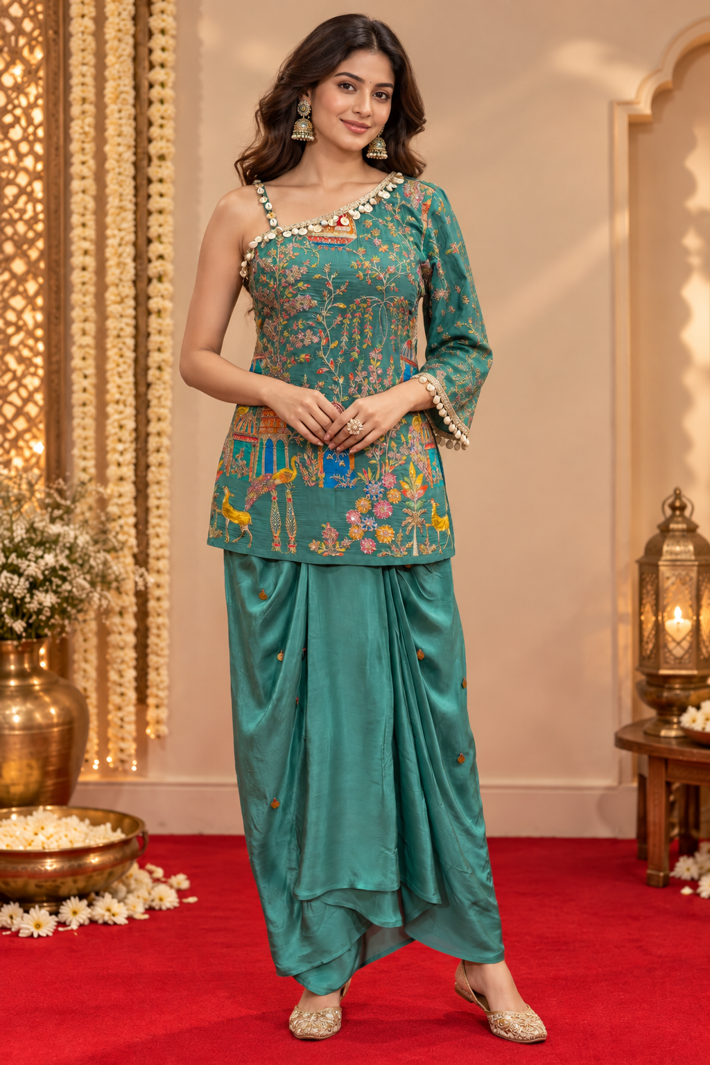 Sea Green One Shoulder Short Kurti with Draped Skirt Fusion Set