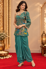 Sea Green One Shoulder Short Kurti with Draped Skirt Fusion Set