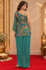 Sea Green One Shoulder Short Kurti with Draped Skirt Fusion Set
