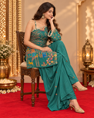 Sea Green One Shoulder Short Kurti with Draped Skirt Fusion Set