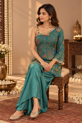 Sea Green One Shoulder Short Kurti with Draped Skirt Fusion Set