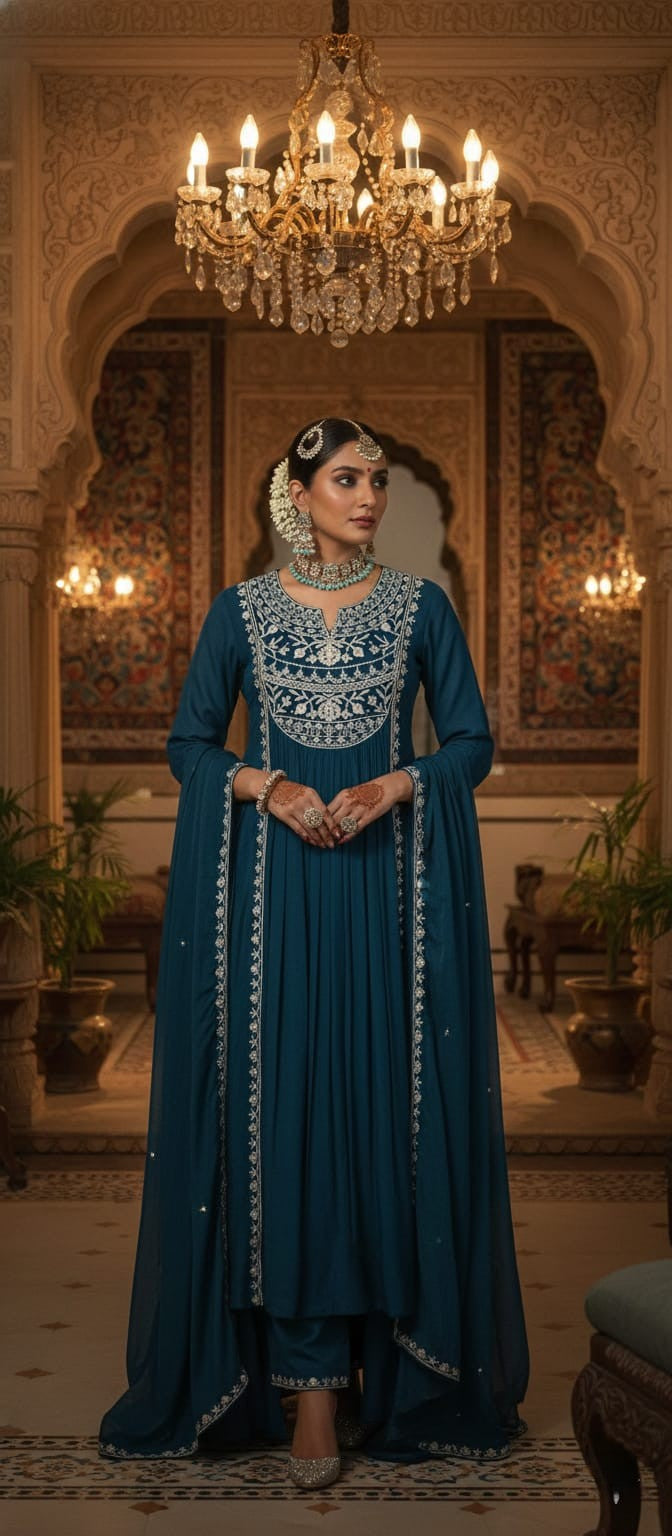 Blue Pure Mul Chanderi Zari Embroidered A-Line Gathered Suit Set