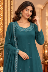 Teal Green Georgette Straight Kurta And Sharara Set