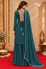 Teal Green Georgette Straight Kurta And Sharara Set