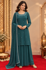Teal Green Georgette Straight Kurta And Sharara Set