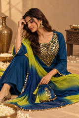 Teal Blue Coin Work Flared Kurta Set with Leheriya Dupatta