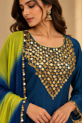 Teal Blue Coin Work Flared Kurta Set with Leheriya Dupatta