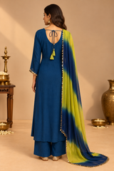 Teal Blue Coin Work Flared Kurta Set with Leheriya Dupatta