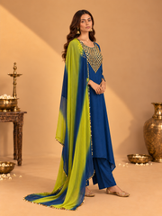 Teal Blue Coin Work Flared Kurta Set with Leheriya Dupatta