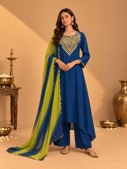 Teal Blue Coin Work Flared Kurta Set with Leheriya Dupatta