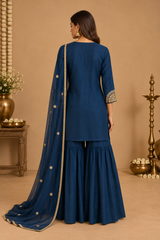 Teal Blue Slub Silk Dori Work Kurta And Sharara Set