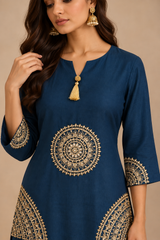 Teal Blue Slub Silk Dori Work Kurta And Sharara Set