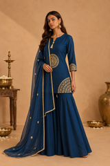Teal Blue Slub Silk Dori Work Kurta And Sharara Set