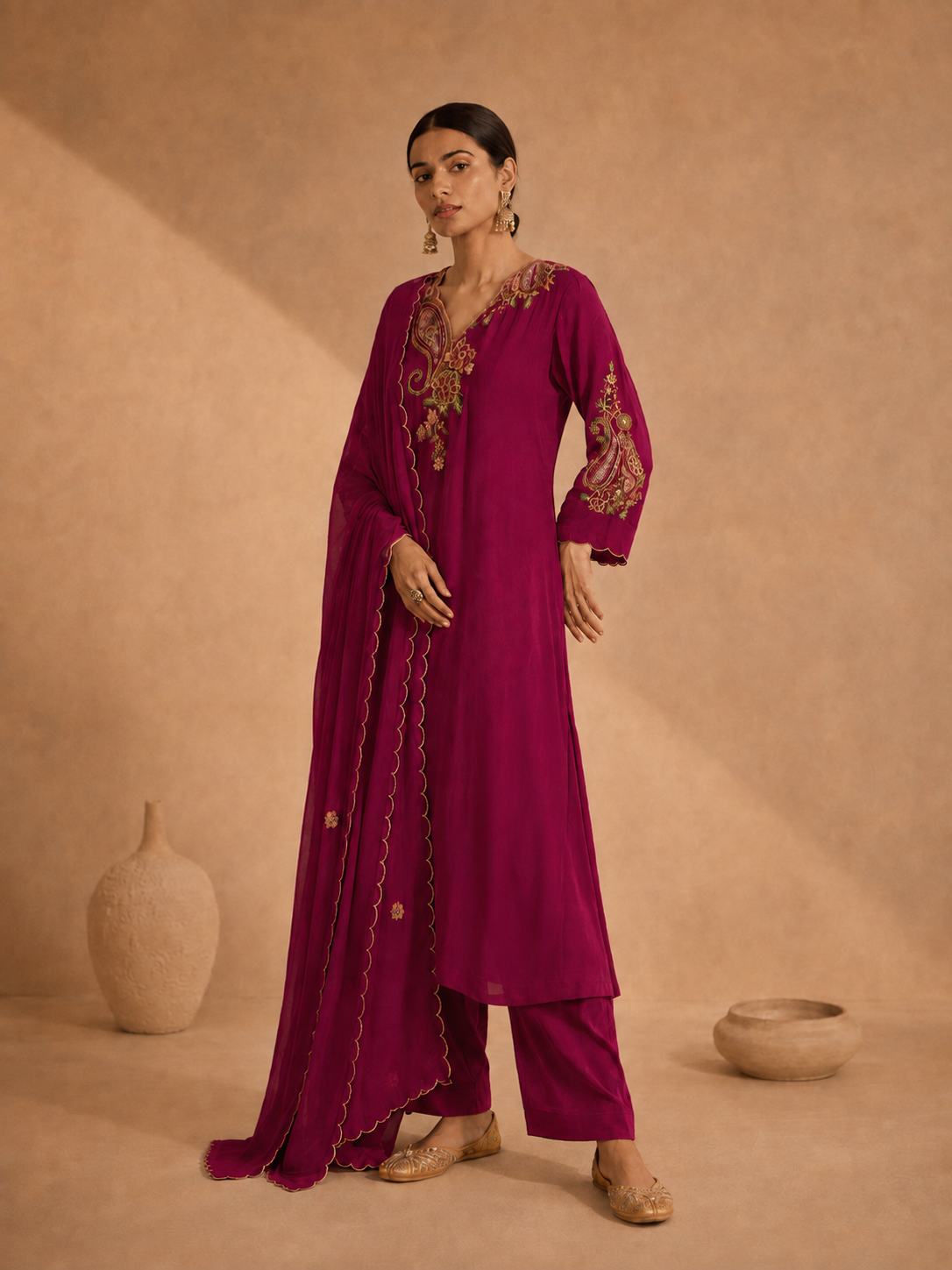 Wine Pure Muslin Resham Embroidered A-Line Kurta Set