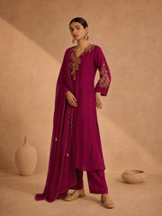 Wine Pure Muslin Resham Embroidered A-Line Kurta Set