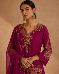 Wine Pure Muslin Resham Embroidered A-Line Kurta Set