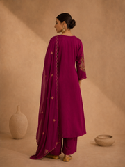 Wine Pure Muslin Resham Embroidered A-Line Kurta Set