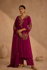 Wine Pure Muslin Resham Embroidered A-Line Kurta Set