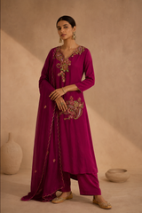 Wine Pure Muslin Resham Embroidered A-Line Kurta Set