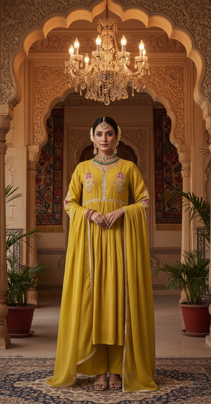 Yellow Pure Mul Chanderi Zari Embroidered A-Line Gathered Suit Set