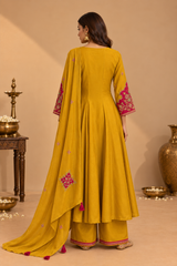 Mustard Yellow Pure Mul Chanderi Resham Embroidered A-Line Kurta Set