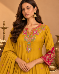 Mustard Yellow Pure Mul Chanderi Resham Embroidered A-Line Kurta Set