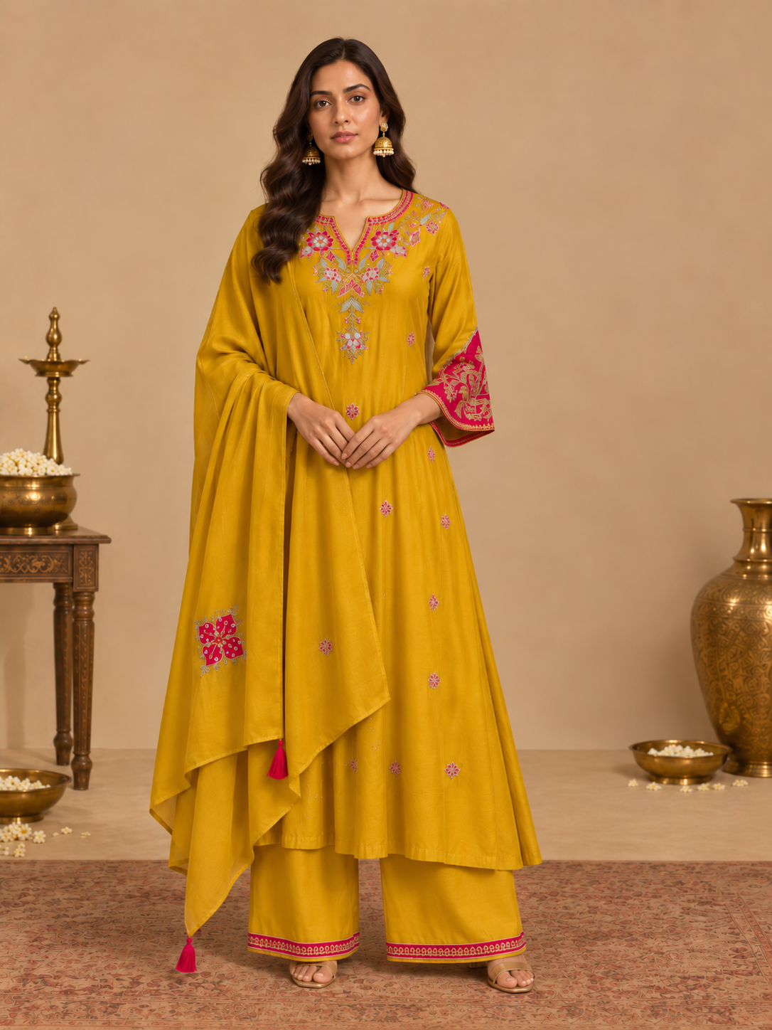 Mustard Yellow Pure Mul Chanderi Resham Embroidered A-Line Kurta Set