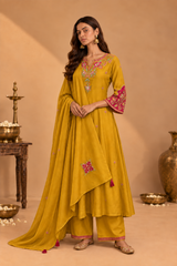 Mustard Yellow Pure Mul Chanderi Resham Embroidered A-Line Kurta Set